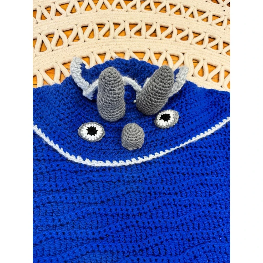 Handmade Crochet Dinosaur Triceratops Hooded Blanket Blue Wearable‎ Snuggle
